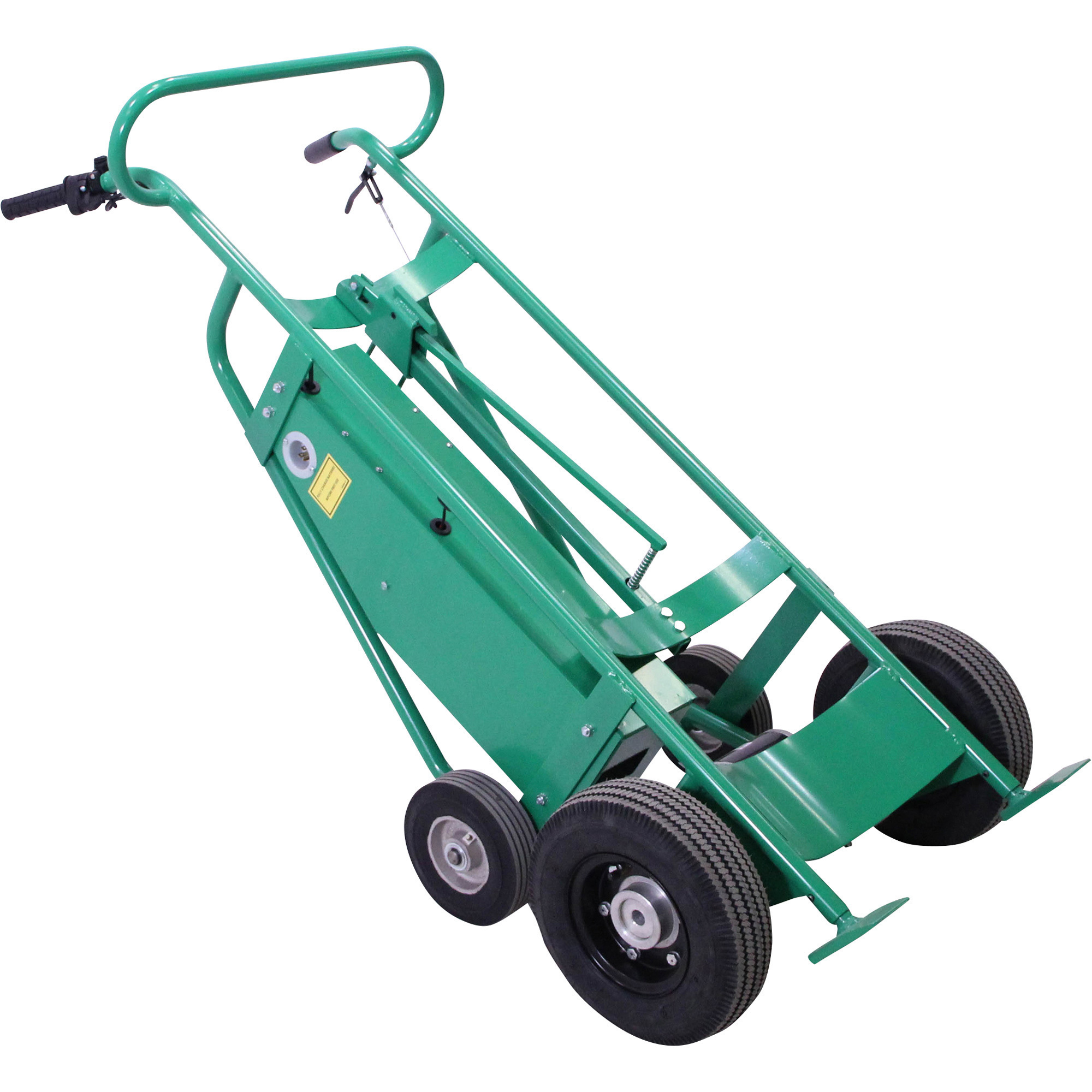 Valley Craft Powered Drum Hand Truck, Steel, (4) Wheels (2) Pneumatic (2) Rear Solid Rubber, Hand Brake, 800-Lb. Capacity, Standard Chime Hook for Steel/Plastic/Fiber Drums, Model# F89484
